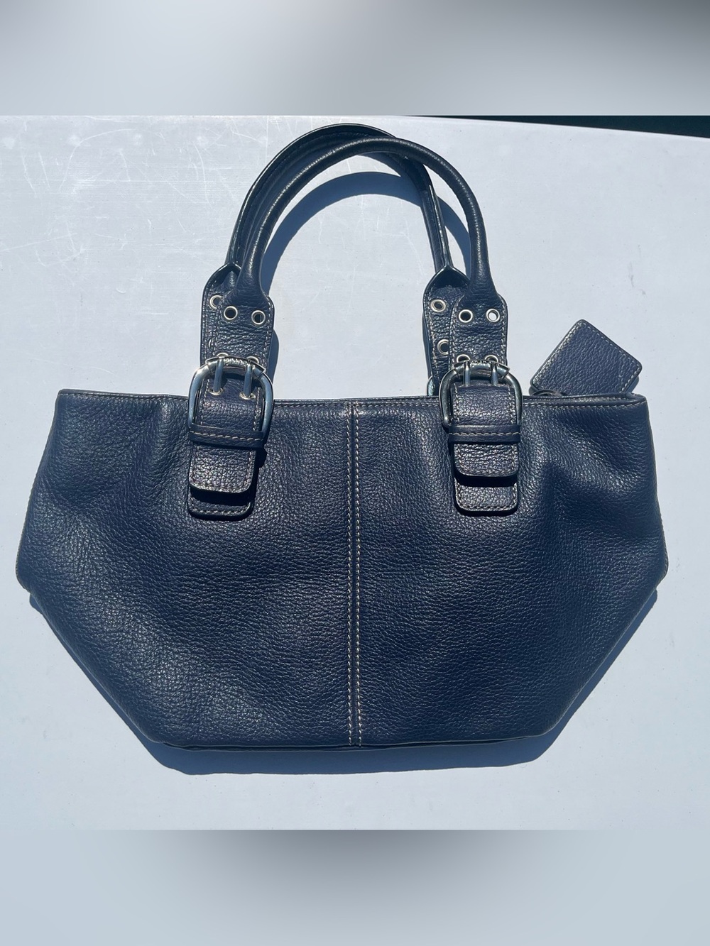Tignanello Navy Blue Pebbled Leather Buckle Satchel Bag Silver Hardware Medium